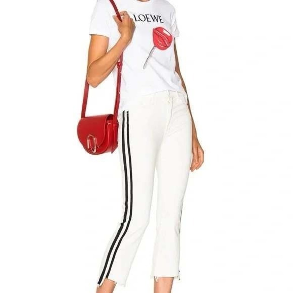 MOTHER Insider Crop Step Fray Cream Jeans Black Whipping the Racer Stripe Sz 26‎